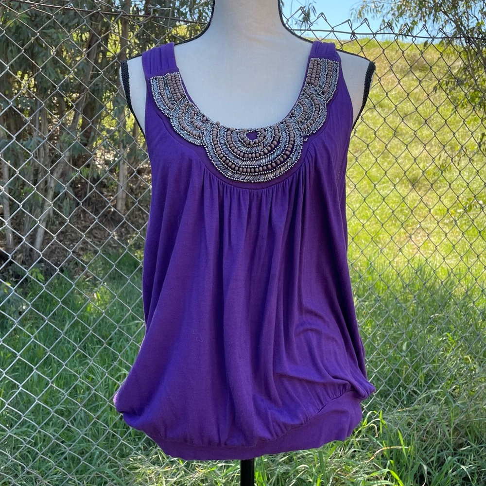 Apt. 9 Purple, Beaded Neckline Sz. M T-Back Blouson Top